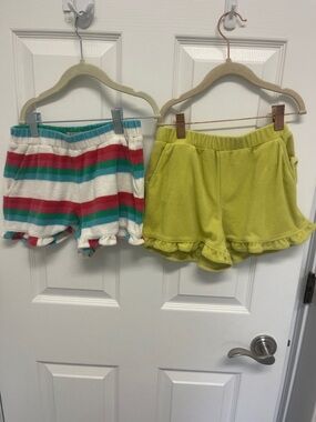 Girls' Mini Boden Terry Ruffle Shorts - Lime and Multi Stripe